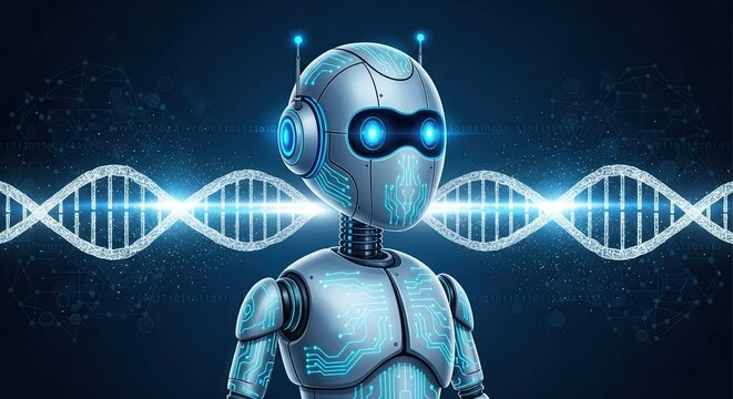 A Futuristic AI Agent with a DNA Strand on a Blue Backdrop