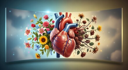 A detailed anatomical heart design, beautifully adorned with a vibrant bouquet of flowers, conveying a sense of life's growth and cycle.