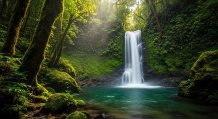 A tranquil waterfall cascades into a serene pool, nestled within a lush, green rainforest.