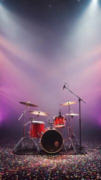 Empty Concert Stage with Drums and Mic Before a Show. 4K Video with a Dynamic, Colorful Rock and Roll Light Show