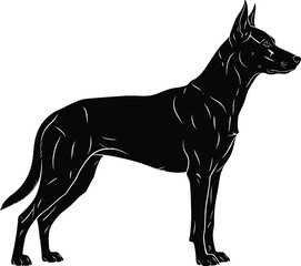 Stylized dog silhouette illustration, black and white muscular canine vector with contour lines for breed anatomy, design, and stock use