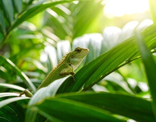 Lizard on lush palm leaves