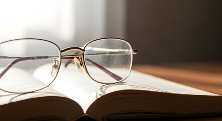 Eyeglasses Resting on Open Book Near Window.