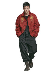 Naklejka premium Man in red jacket and black trousers isolated on transparent background