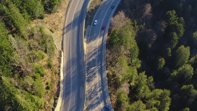 Aerial view of winding roads cutting through lush green forests with cars, a contrast of natural and man-made structures, Breitnau, Baden-W&uuml;rttemberg, Germany.