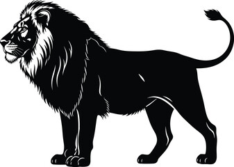  Bold black and white lion vector illustration in side profile with detailed mane for strength, courage, tattoo, and graphic design.