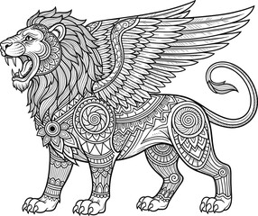 Mythical winged lion illustration, tribal fantasy creature vector, black and white ornamental design for tattoo, coloring, and stock artwork