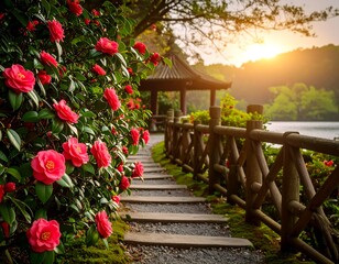 Obraz premium Peaceful garden path lined with vibrant pink flowers, leading to a serene gazebo by a lake at sunset