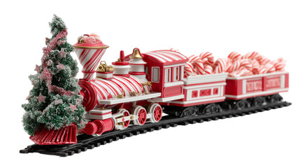 Close-up of a miniature Christmas candy train with vibrant candies and chocolate on transparent png background. Ai generated