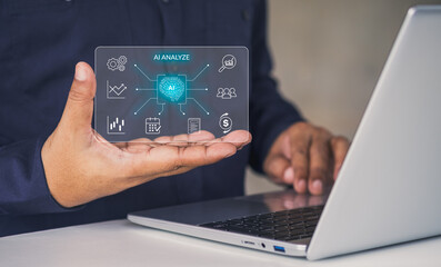 AI Analyze technology visualization showing artificial intelligence, data-driven business decision making, predictive analytics, financial insights, process optimization, digital strategy innovation