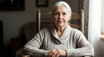Elderly woman sitting in a wooden chair looking directly at the camera.