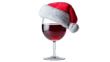 Close-up of a red wine glass wearing a miniature Santa hat, sparkling festive atmosphere on transparent png background. Ai generated