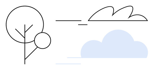 Minimalistic tree outline, abstract clouds, and simple sky lines. Ideal for nature, ecology, sustainability, serenity, environment mindfulness harmony. A simple flat metaphor
