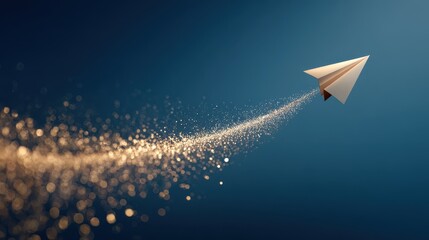 White paper airplane flying on a dark blue background leaving a trail of sparkling golden lights.