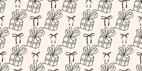 Coquette party crayon seamless pattern. Monochrome endless background. Girly festive bows and gift cover. Wedding continuous ornament. Surface pattern birthday motif. Vector hand drawn illustration.