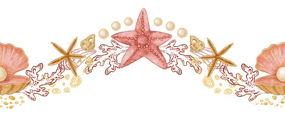 Wavy seamless border of starfish and seashell with pearl in watercolor. Hand drawn line art with red coral in colored pencil sketch. Great for summer travel card. Perfect for nautical coastal print.