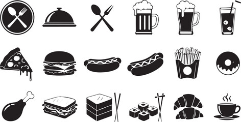 Fast Food Icon Set - Black and White Vector Graphic Design for Menu, Restaurant Marketing and Food Delivery Apps