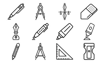Essential Stationery and Drawing Tools Icons – Pen, Fountain Pen, Marker, Highlighter, Compass, Ruler, Protractor, Sharpener and Design Equipment Outline Set for School, Office and Creative Work