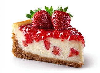 A slice of cheesecake topped with strawberries and strawberry jam