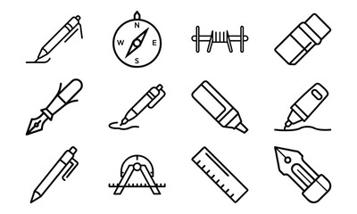 Essential Stationery and Drawing Tools Icons – Pen, Fountain Pen, Marker, Highlighter, Compass, Ruler, Protractor, Sharpener and Design Equipment Outline Set for School, Office and Creative Work