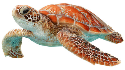 Detailed view of a green sea turtle with orange shell, realistic textures on transparent png background. Ai generated
