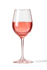 A single stemmed wine glass filled with ros? wine,  against a white background.  The drink is a pale pinkish-coral color