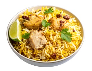 Bowl of flavorful biryani with chicken and lime