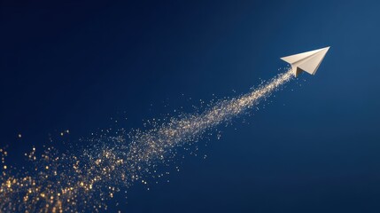 White paper airplane flying with a golden glitter trail on a dark blue background.
