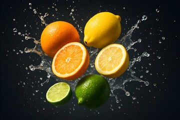 Dynamic Splash of Fresh Citrus Fruits on a Dark Background