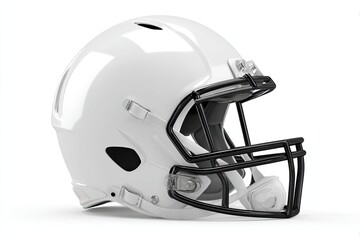 White football helmet, profile view.  Glossy shell, black facemask