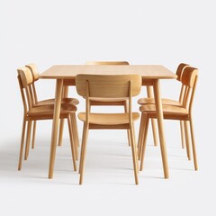 Light wood square dining table with six matching chairs, simple design, tapered legs