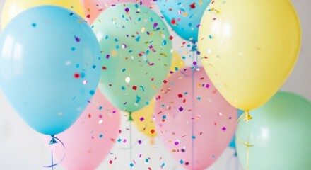 Pastel-colored balloons and confetti create a cheerful and festive celebration scene.