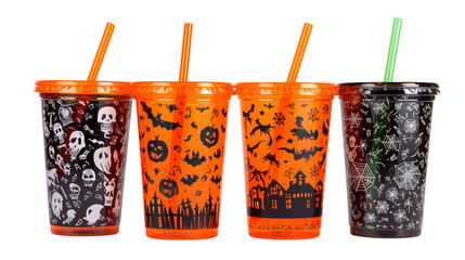 Flat lay composition of colorful Halloween paper straws decorated with pumpkin on transparent png background. Ai generated