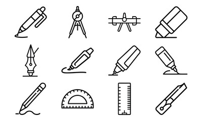 Essential Stationery and Drawing Tools Icons – Pen, Fountain Pen, Marker, Highlighter, Compass, Ruler, Protractor, Sharpener and Design Equipment Outline Set for School, Office and Creative Work