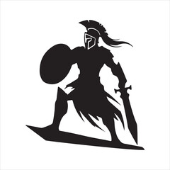 Silhouette of a fierce ancient warrior in armor holding a sword and shield