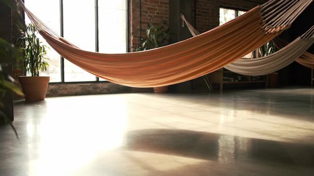 Relaxing hammocks inside a sunlit indoor space, potted plants and light shining across the floor create a peaceful, restful atmosphere, restful space. Peaceful hammocks.