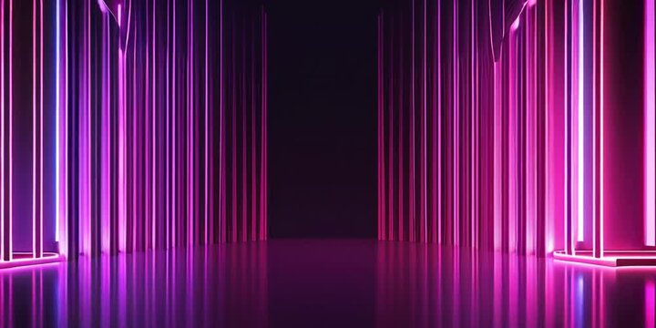 Neon dark stage shows empty room: neon light, spotlights, dark blue, purple, pink background - dance floor for product display in studio, backdrop for photo shooting.