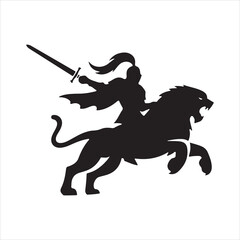 Silhouette of a warrior on a roaring lion holding a sword aloft