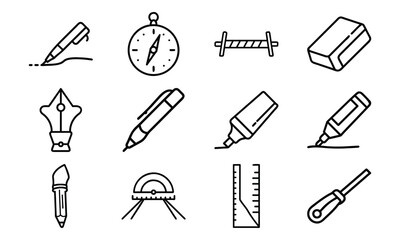 Essential Stationery and Drawing Tools Icons – Pen, Fountain Pen, Marker, Highlighter, Compass, Ruler, Protractor, Sharpener and Design Equipment Outline Set for School, Office and Creative Work
