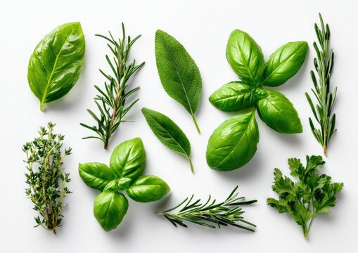 Fresh herbs arranged on a white background.  Bright green leaves of basil, rosemary, thyme, and parsley are displayed in a symmetrical pattern
