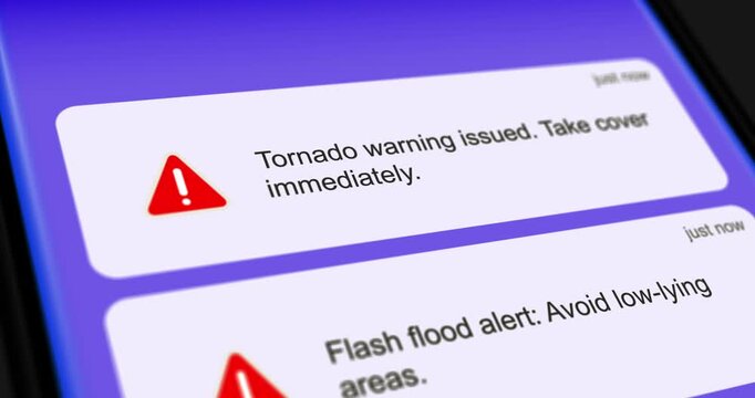 Severe Weather Alerts and Notifications, incoming alert messages on smartphone screen with hurricane, storm, tornado warnings, scrolling messages, footage