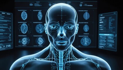 A digital rendering of a human body with internal structures displayed on screens in the background.