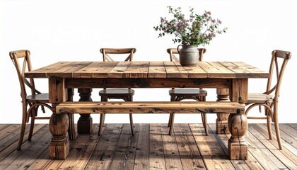 Fototapeta premium Rustic Wooden Table on Wooden Floor with White Background