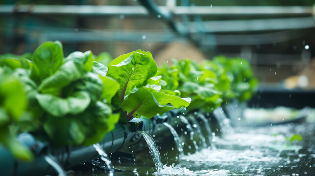 Hydroponic lettuce growing in a water-based system with nutrient-rich flow