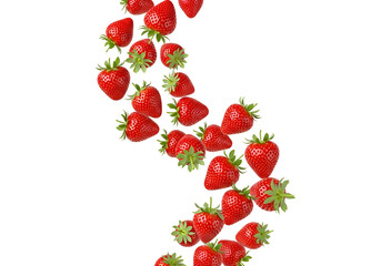 Fresh, vibrant strawberries cascade against a bold black background, creating a dynamic and appetizing visual display.