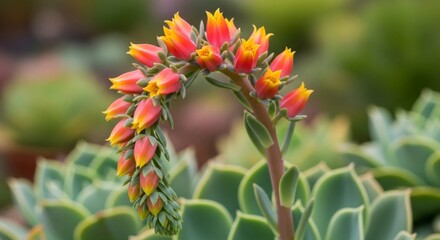 Vibrant orange and yellow blooms adorn a succulent plant's arching stem, creating a beautiful display of nature's artistry.