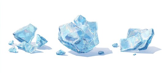 Obraz premium Three pieces of fractured ice, light-blue in color, set against a white background