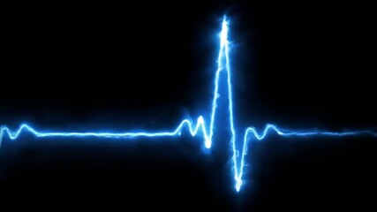 Vibrant blue electric pulse line showing a heartbeat rhythm on a dark screen, concept of life and energy
