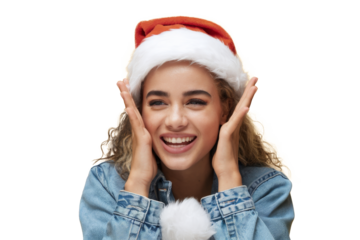 excited woman wearing a santa hat on transparent background