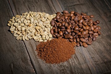 Raw and roasted coffee beans and ground coffee